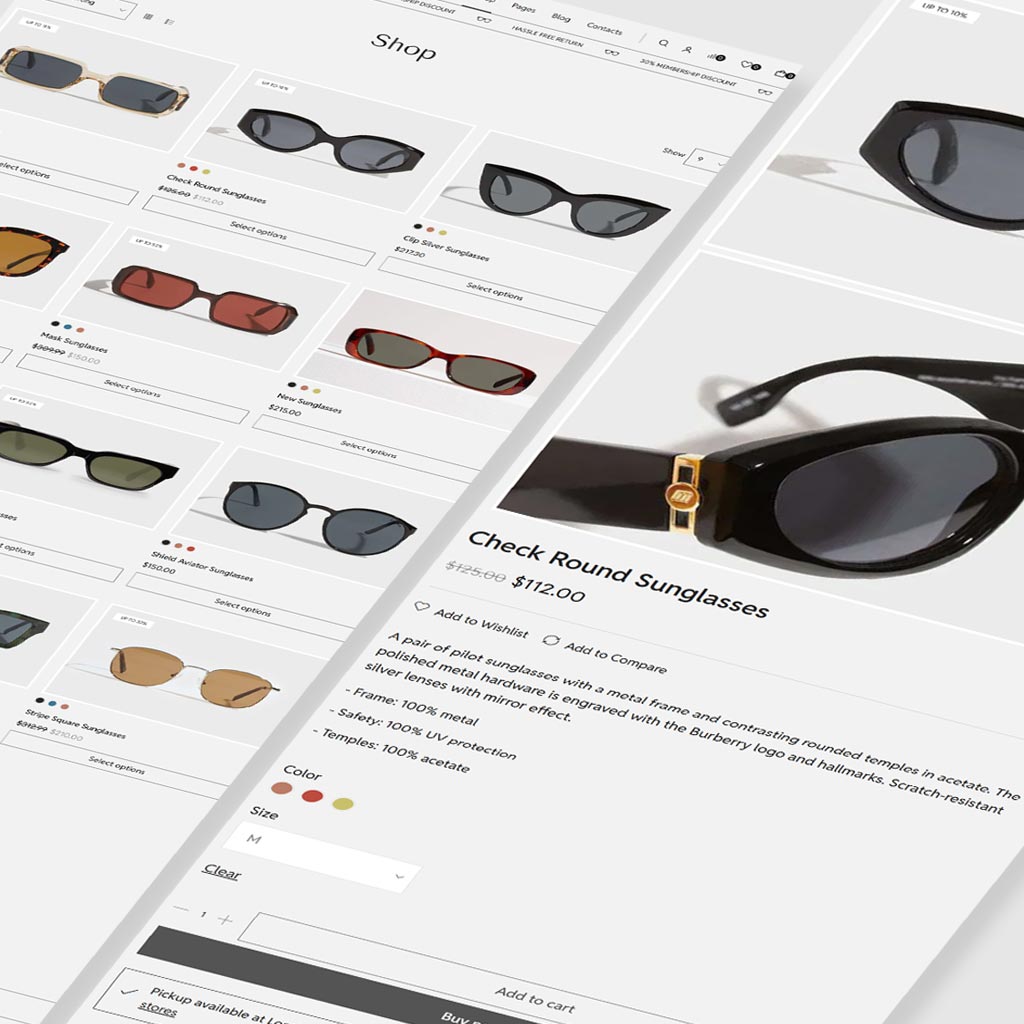 Ecommerce sunglasses shop architecture mockup showing product grid with various sunglasses styles, product details for check round sunglasses with price and color options