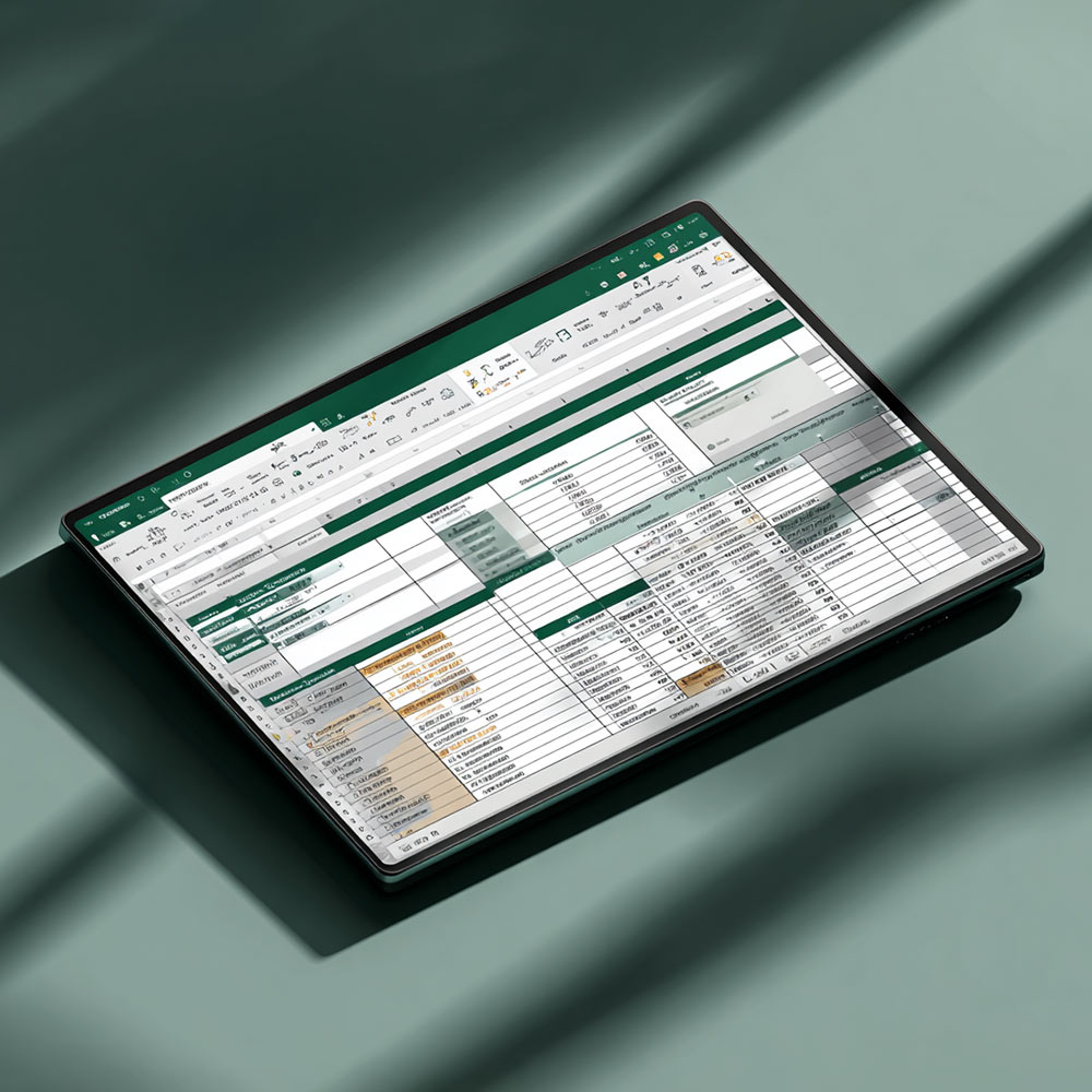 Ecommerce architecture spreadsheet displayed on tablet with data tables and green color coding on neutral background