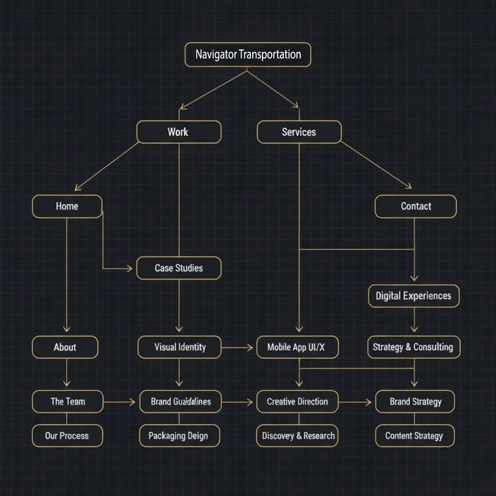 Navigator Transportation sitemap diagram showing information architecture with main sections Work and Services branching to Home, Contact, Case Studies, Mobile App UI/X with further subdivisions into Visual Identity, Brand Guidelines, Mobile App development, and Strategy sections