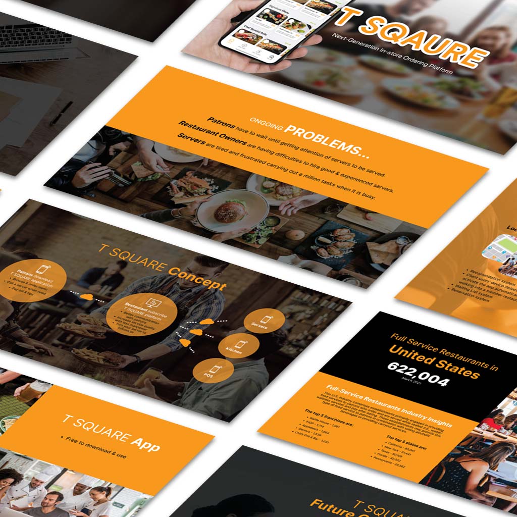 T-Square restaurant concept design presentation mockup with orange and black branding showing app interface, strategy slides, and mobile display